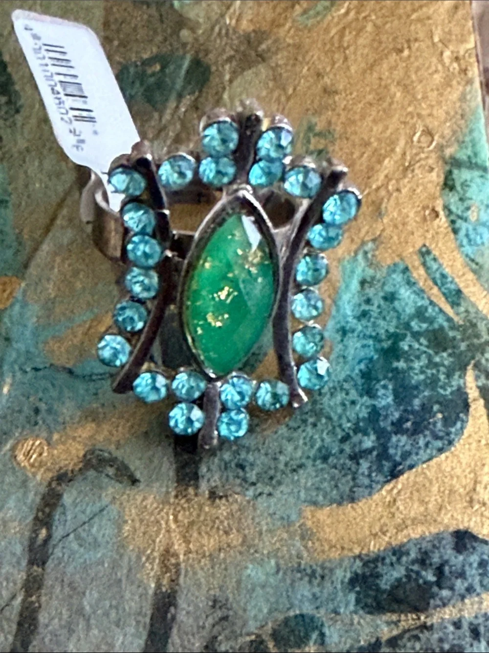 Ring adjustable blue crystal fantasy marquis green faceted center silver tone